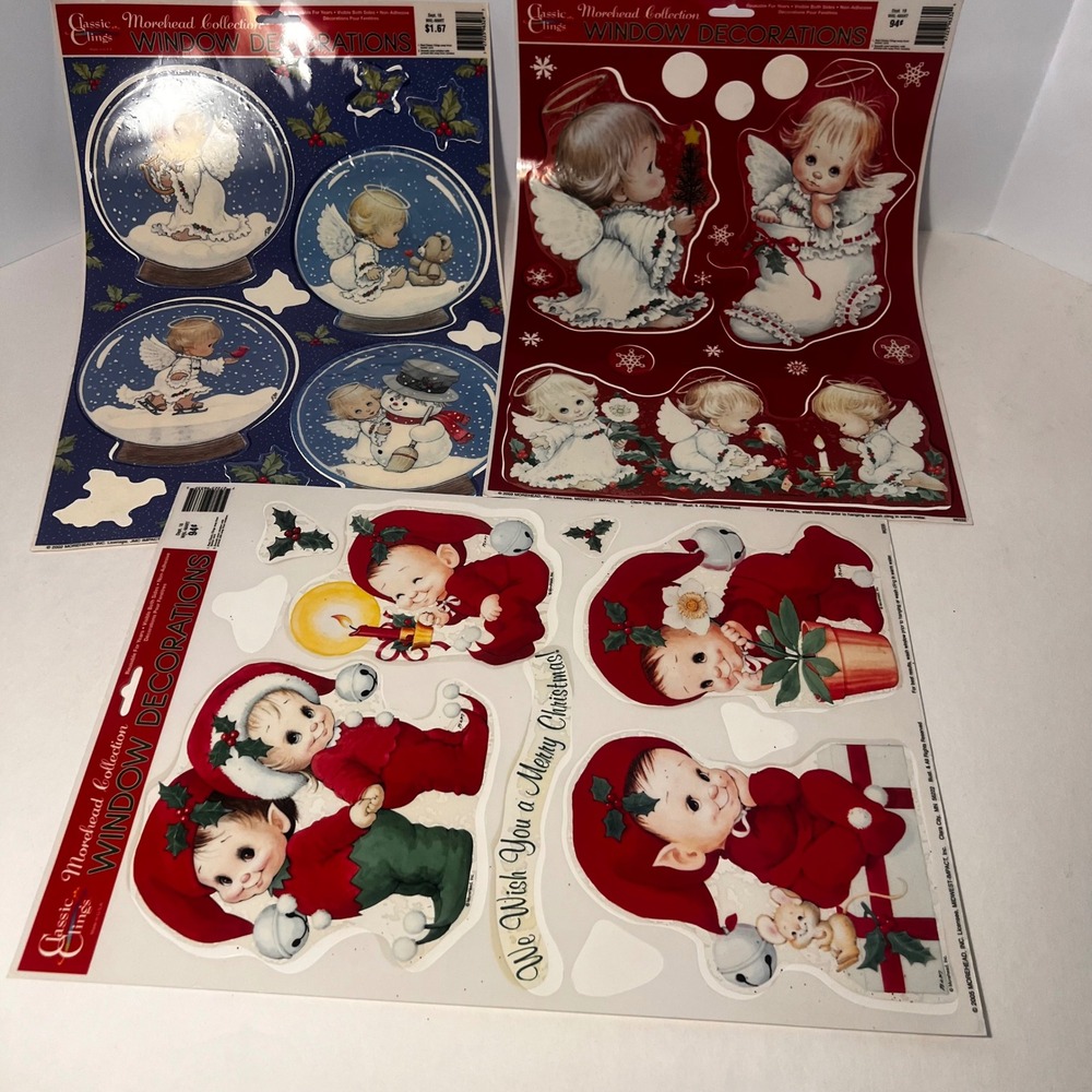 Vintage Morehead Collection Christmas Window Classic Clings Angel Elves 3 Sheets